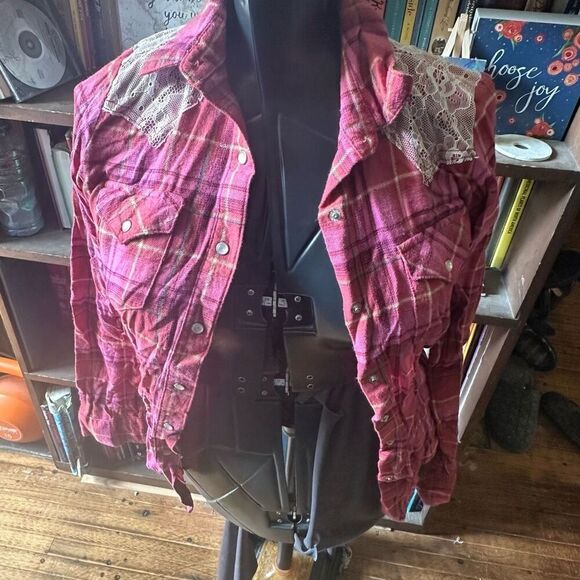Wrangler Western pink plaid lace button down S shirt - Picture 1 of 4